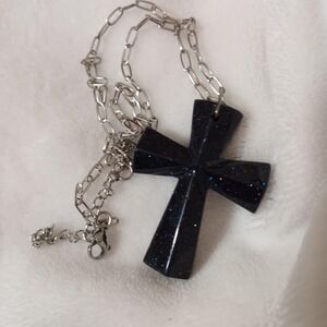 Black Blue sparkle natural stone cross Necklace